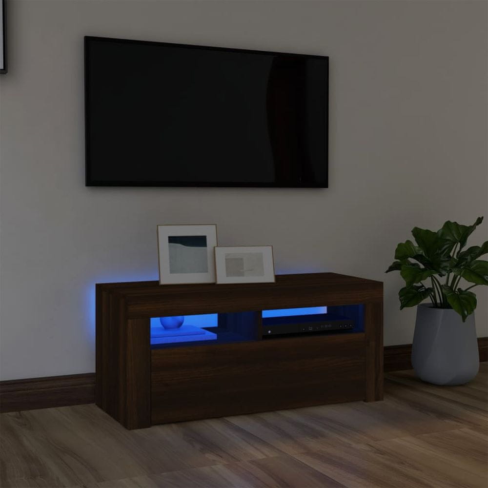 shumee TV skrinka s LED svetlami hnedý dub 90x35x40 cm